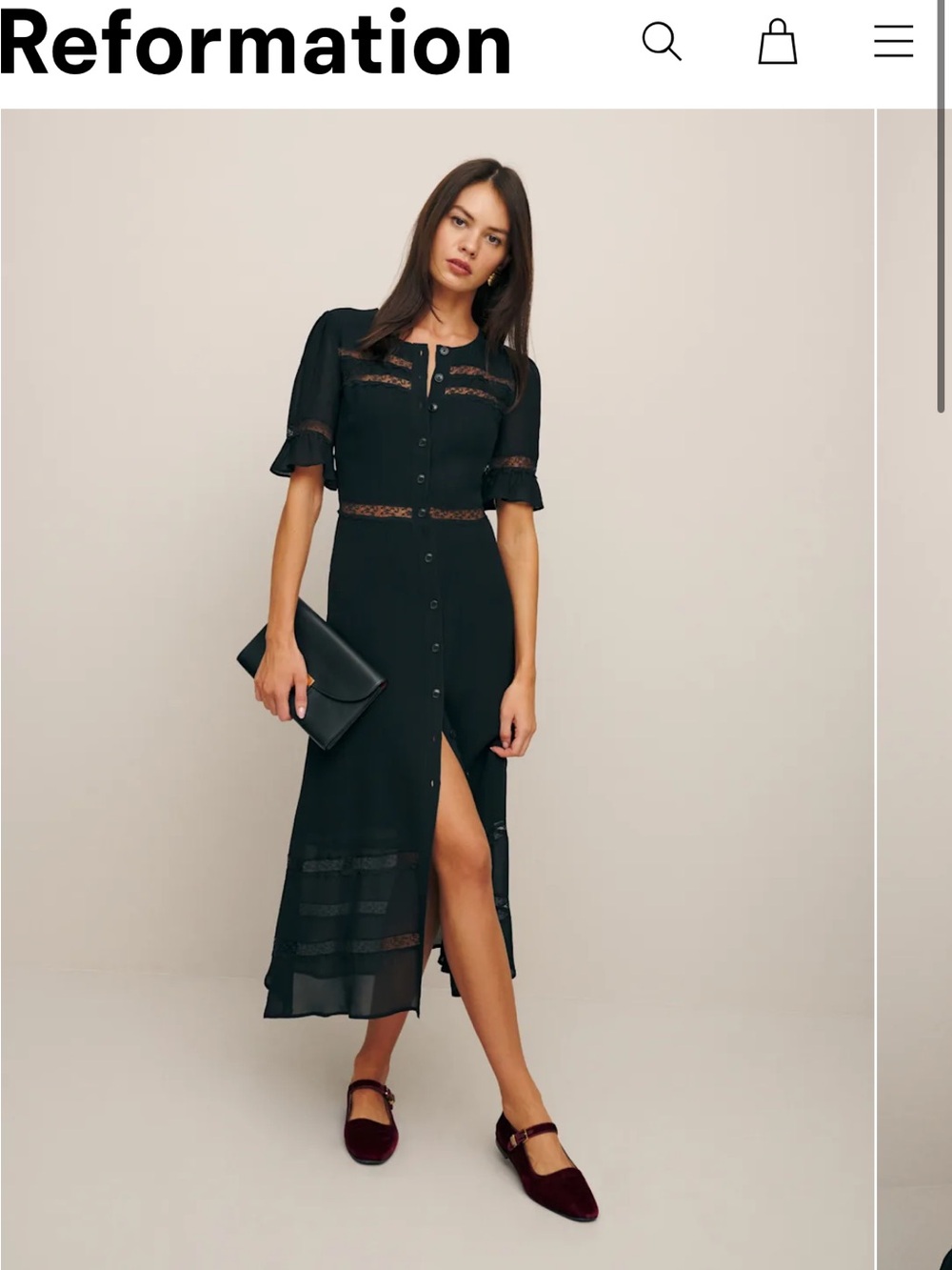 Reformation Black Lace-Trim Button-Front Midi Dress